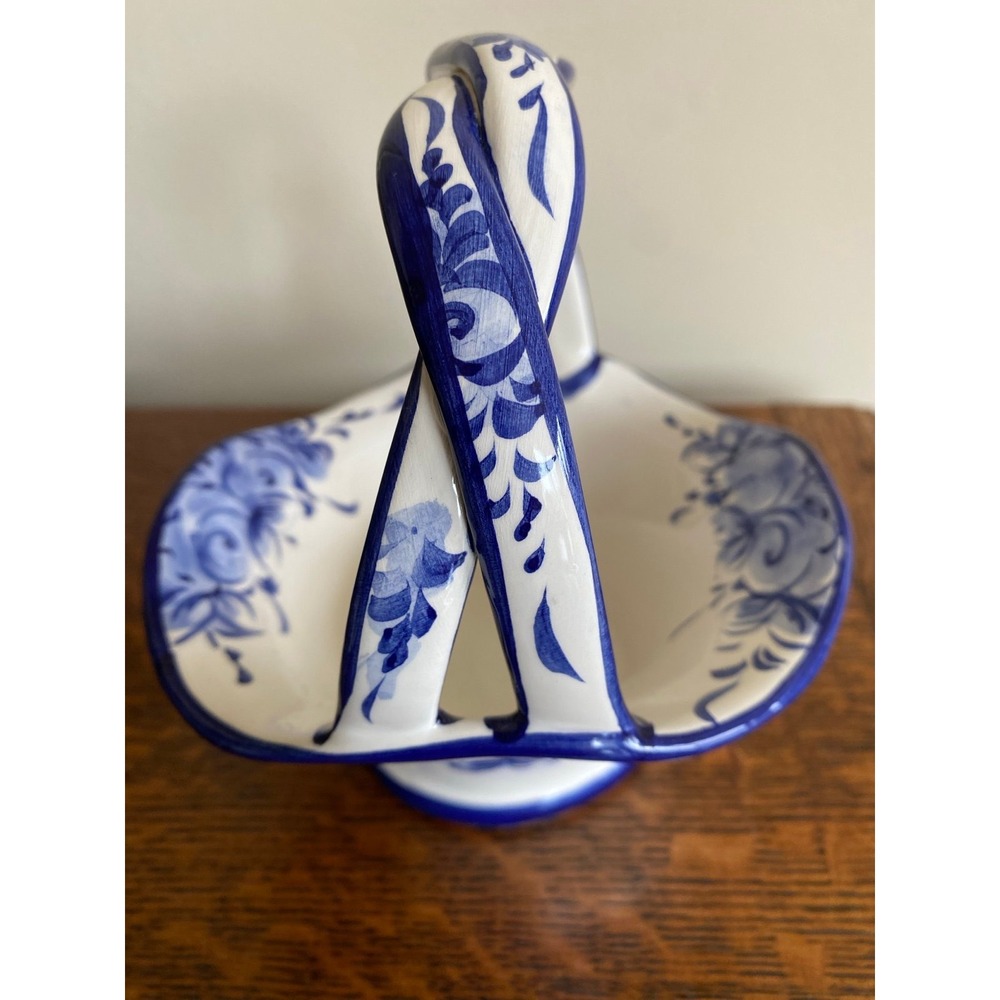 Vestal Basket Alcobach Portugal Hand-panted Blue Ceramic Signed Number D2